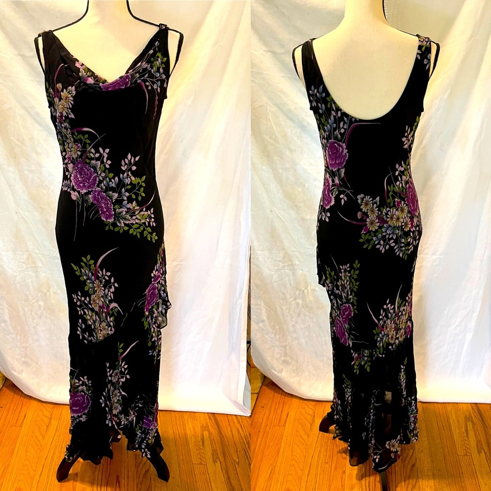 Vintage Y2K black sheer floral 🍃 sequin cowl neck gown